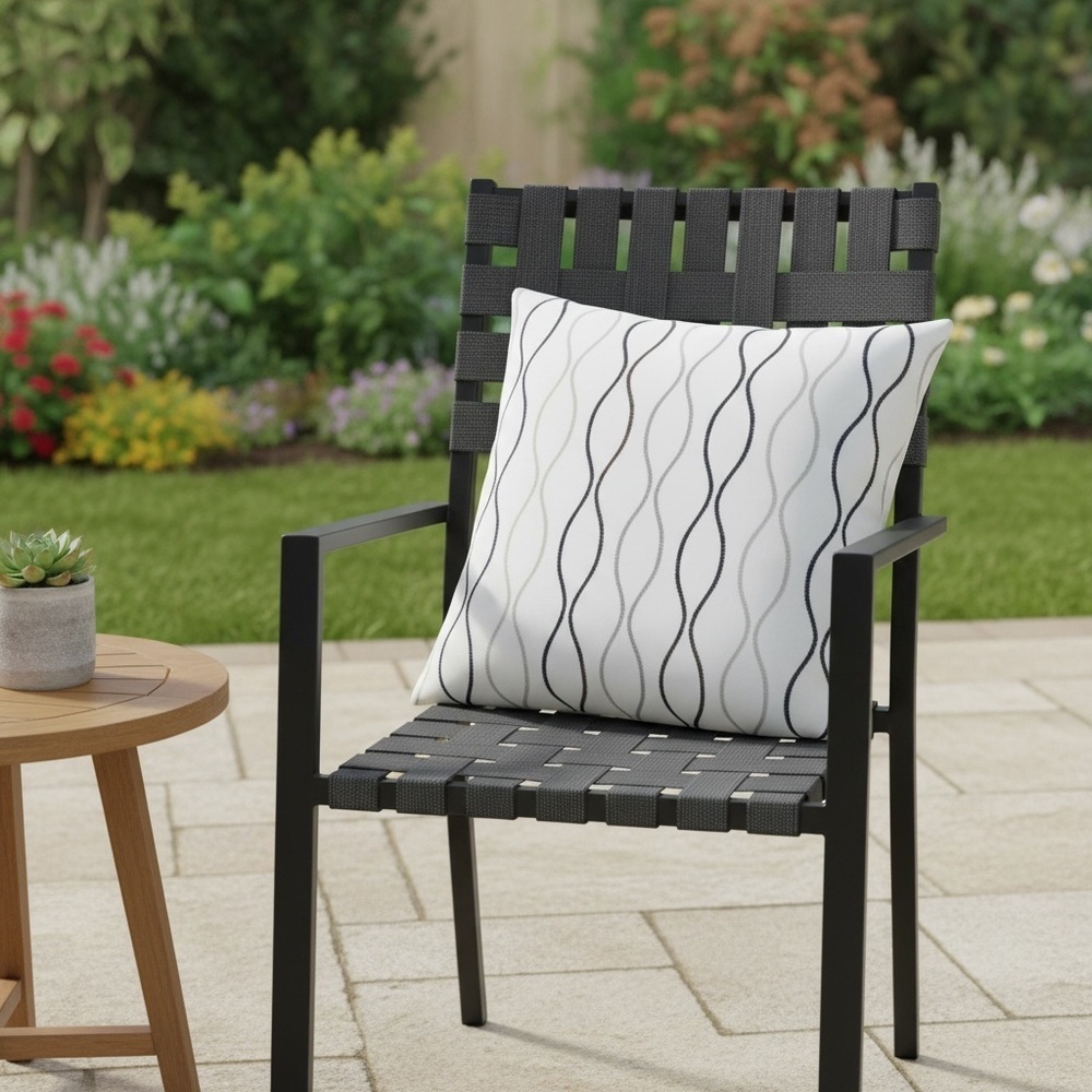 2-PK Patio Pillows for Indoor/ Outdoor White + Blue-Gray Line Design